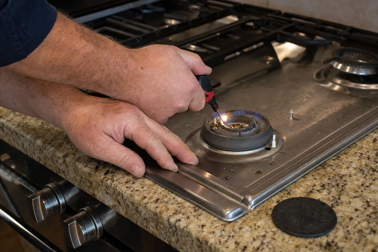 Close view of a gas cooktop burner with the cap removed, a faint blue flame at the ports and a hand steadying the spark electrode.