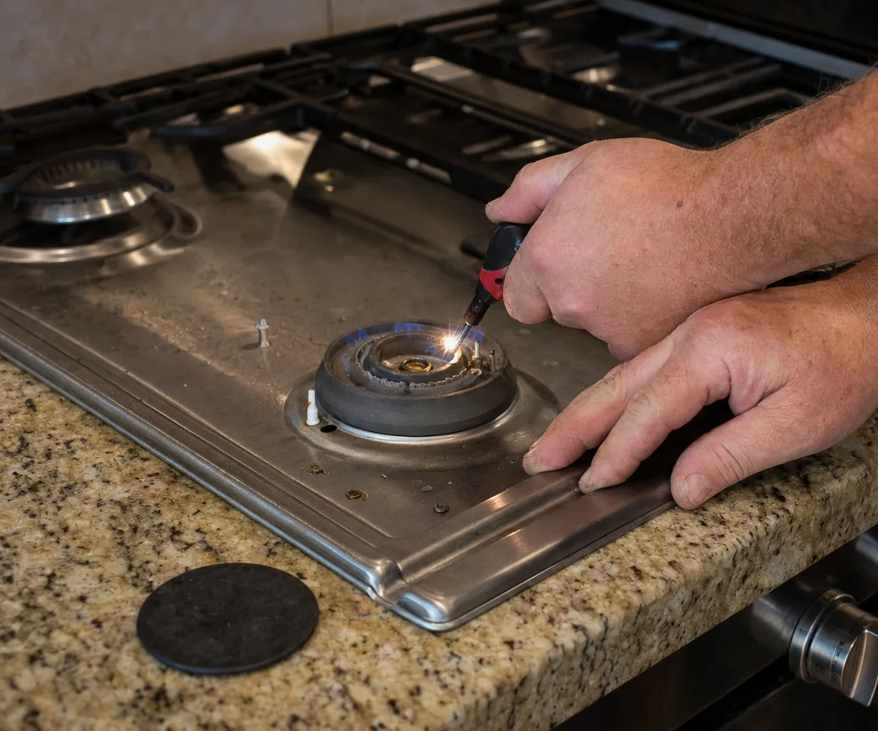 Mirrored crop of the gas cooktop repair, showing the stone surround and the open burner well the hood above has to clear.