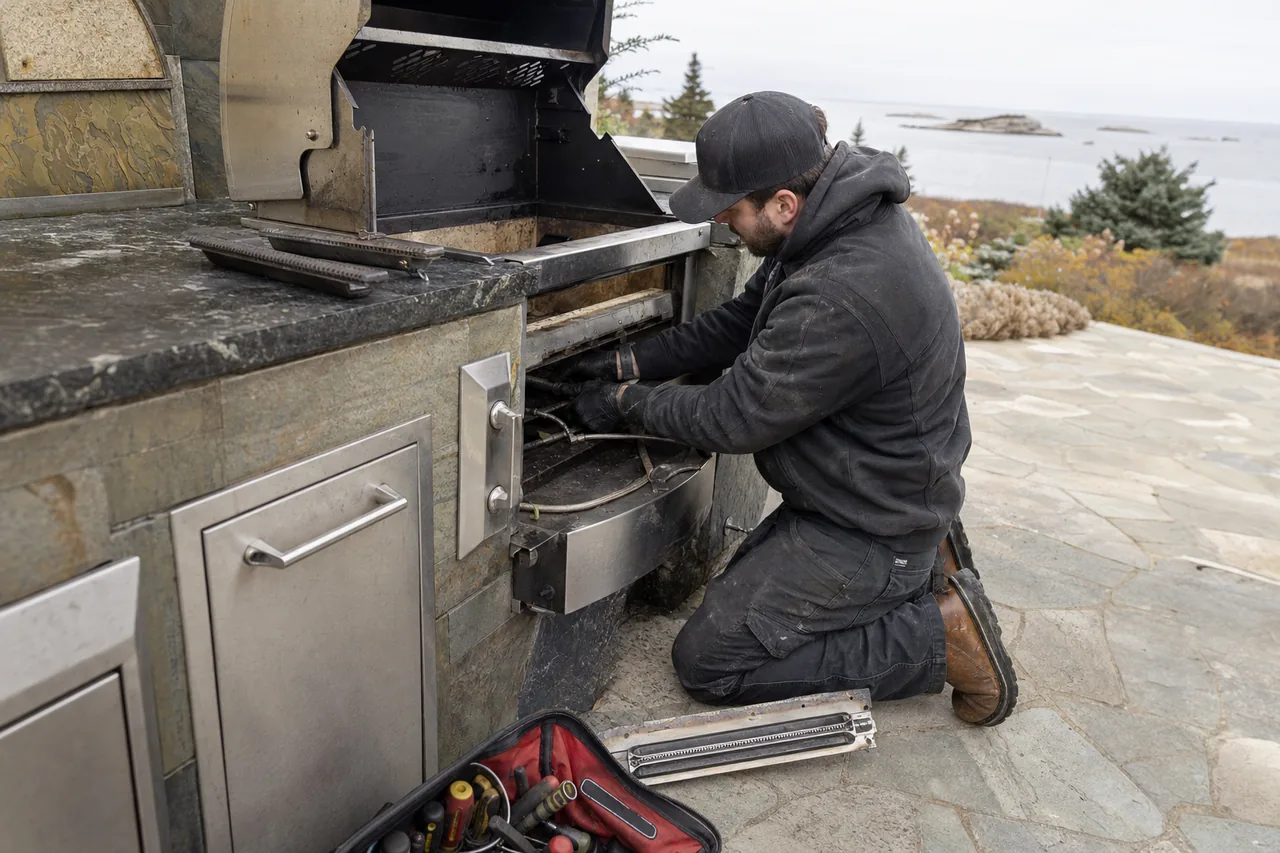 Mirrored view of the outdoor grill repair, weathered stainless lid and the removed burner tube resting on the stone.