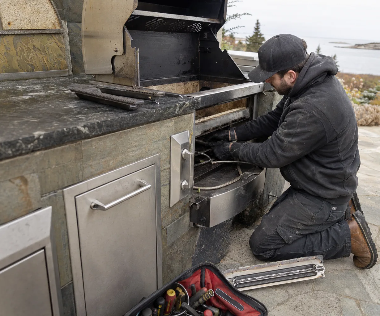 Mirrored right-hand crop of the patio grill service: pitted stainless, the lifted burner tube and a hand resting on the open valve housing.