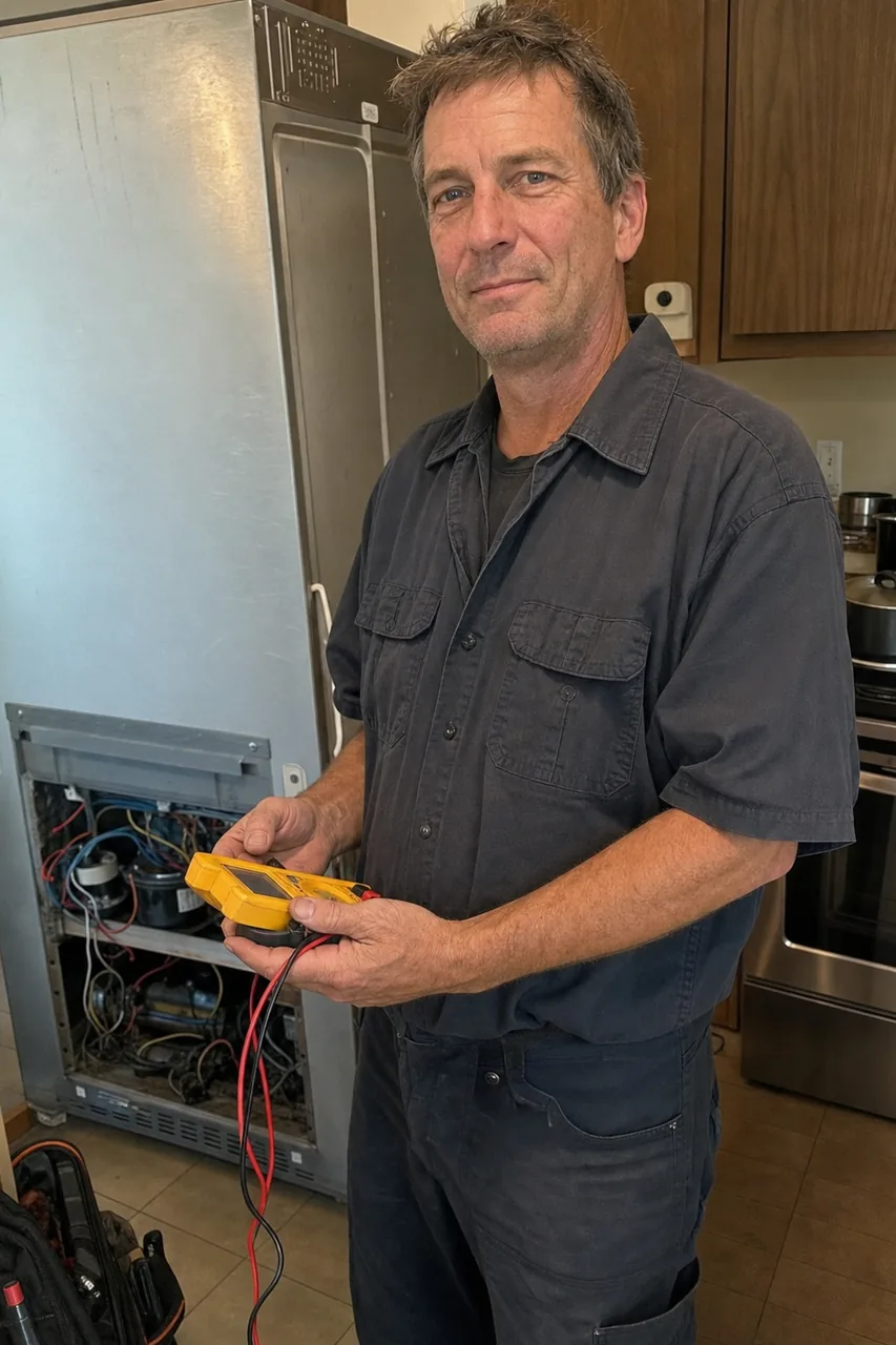 An appliance repair technician in a plain work shirt standing in a client kitchen with a digital multimeter in one hand.