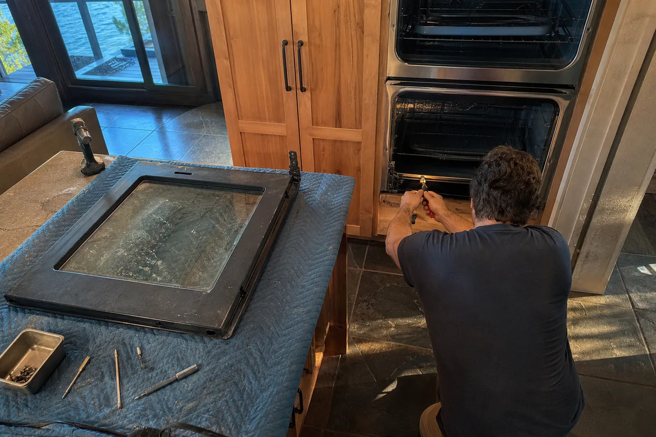 Lower door of a stainless double wall oven laid on a blue quilted blanket over the island, a tray of screws beside it, while a technician kneels at the open cavity working a hinge slot.